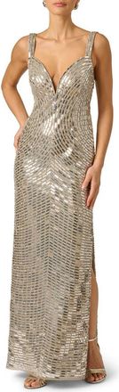 Adrianna Papell Beaded Open Back Gown in Silver at Nordstrom, Size 10