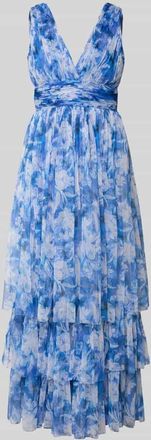 Lace & Beads Abendkleid mit Volantsaum und V-Ausschnitt in Blau, Gr&ouml;&szlig;e XXS