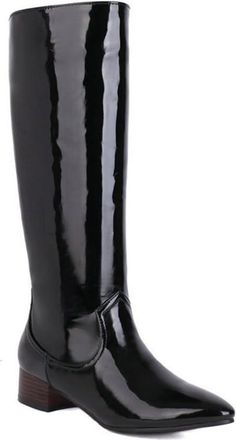 Generic Womens Fashion Patent Leather Knee High Riding Boots Round Toe Low Block Heel Wide Calf Pull On Winter Shoes (Black,5.5)
