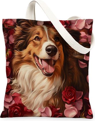Generic Valentines Day Rough Collie Dog Canvas Tote Bag for Shopping 13x15, Lover Rose Puppy Reusable Grocery Print Pattern Bag for Women, Pet Beach Aesthetic