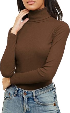 Re Tech UK Ladies Plain Ribbed Cotton Polo Turtle Roll Neck Tunic Top Jumper Full Sleeve, Dark Chocolate Brown, L/XL 16-18 Plus Size