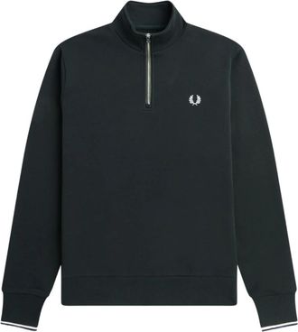 Fred Perry Groene Half Zip Sweatshirt met Strepen op de Rug - Heren - Vesten met rits - Groen - XL - Katoen - Hoodies & sweatvesten