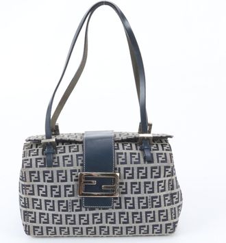 Fendi Gray Navy Leather Canvas Shoulder Bag Tote Bag (Pre-Owned)