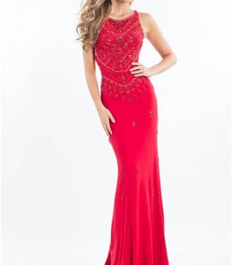 Rachel Allan Scoop Neck Beaded Jersey Prom Gown In Red