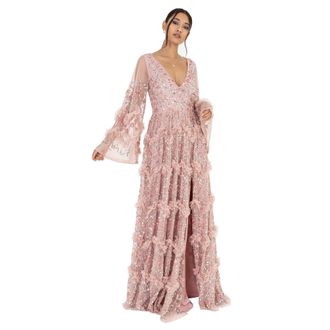 Maya Womens Ladies Maxi Dress V Neckline Sequin with Ruffle Empire Waist Slit Split for Prom Ball Bridesmaid Wedding Guest, Frosted Pink, 10