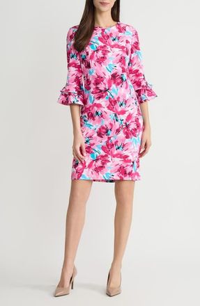 Kasper Double Flutter Sleeve Dress in Lily White Multi at Nordstrom, Size 10P
