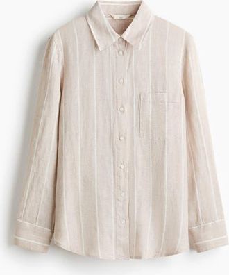 H&M Linen Shirt in Light Beige/white Striped at Nordstrom, Size Xx-Large