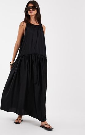 & Other Stories vestito maxi a trapezio in puro cotone con vita scesa nero-Marrone
