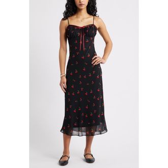 BP. Tie Front Chiffon Midi Dress in Black- Red Emily Cherries at Nordstrom, Size Xx-Small
