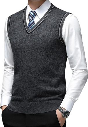 Generic 100% Merino Wool Sweater Vest Sleeveless Pullover Sweater Solid Knitted V Neck Jumper for Men Dark Gray L