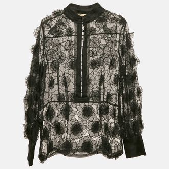 Roberto Cavalli Black Organza Floral Applique And Cut-Out Sheer Blouse