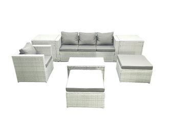 Fimous 7 Pieces Rattan Garden Furniture Set Outdoor Garden Sofa Chair Coffee Table Set with 2 Side Tables 2 Big Footstools Light Grey Mixed