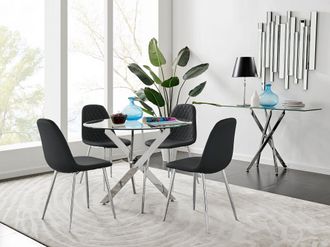 Furniturebox Novara Clear Tempered Glass 100cm Round Dining Table with Chrome Starburst Legs & 4 Corona Faux Leather Silver Leg Chairs in Black