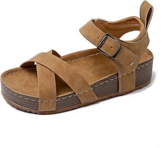 Generic 2025 Summer Women Sandals European Fashion Casual Comfort Thick Platform Sole Versatile Outdoor Walking Footwear (Brown, 5.5)