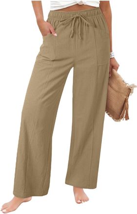 Generic Palazzo Trousers for Women UK Linen Trousers Womens Wide Leg Palazzo Pants Elasticated Waist Baggy Pants with Pockets Solid Casual Loose Fit Linen Str