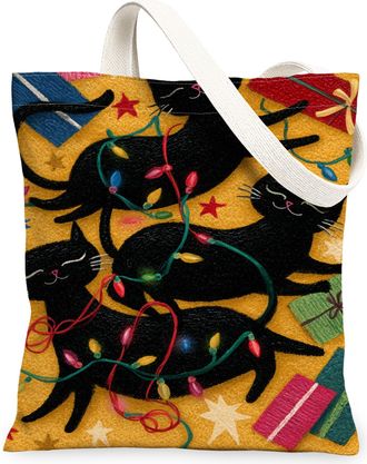 Generic Christmas Cat Canvas Tote Bags, Fun Feline Pattern Reusable Grocery Bags, Festive Fanciful Lightweight Washable Shoulder St, Yellow, 13x15 Inch