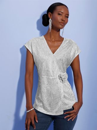 Cr&eacute;ation L V-Shirt CREATION L Shirt, Damen, Gr. 36, silberfarben, 100% Polyester, unifarben, V-Ausschnitt, Shirts V-Shirt