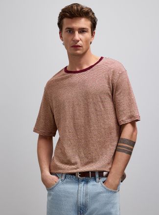 Le 31 Mens Twin-stripe 100% linen jersey T-shirt Comfort fit