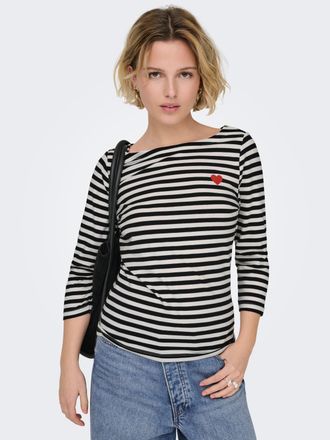 Only 3/4-Arm-Shirt ONLY ONLFIFI LIFE 3/4 PRINTED TOP CS JRS, Damen, Gr. M, cloud dancer stripes:schwarz with heart print, Jersey, Obermaterial: 95% Baumwol