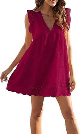 Generic California Romper Dress with Shorts, Womens Summer Womens Ruffle Sleeve V Neck Dress with Shorts (Claret,S)