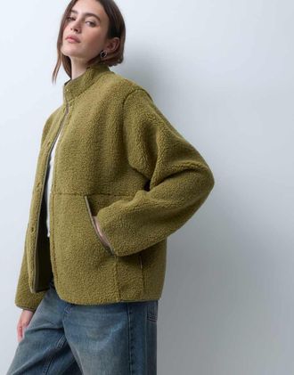 Jack & Jones giacca teddy con collo alto in verde avocado