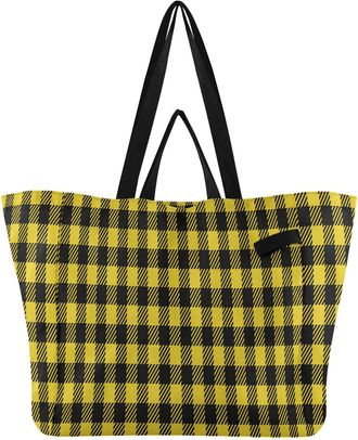 Generic Buffalo Check Yellow pattern Reusable Canvas Tote Bag, Heavy Duty Grocery Shopping Bag with Large Capacity Double Handles Hard Bottom Work Groceries T