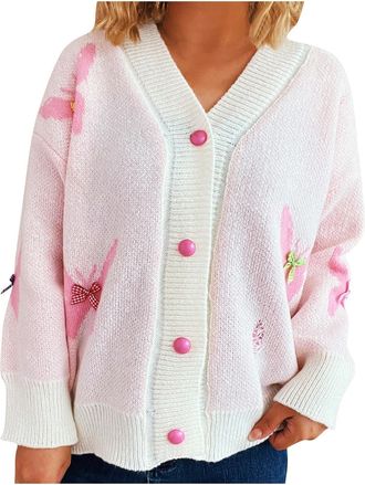 Generic Womens Oversized Cardigan Sweaters Bow Printed Button V Neck Long Sleeve Loose Knit Fall Trendy Coats