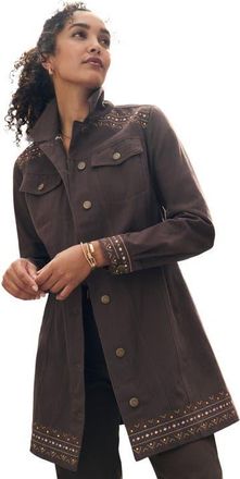 Jessica London Long Denim Jacket in Chocolate Geo Studs at Nordstrom, Size 30
