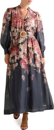 Ever New Peyton Belted Long Sleeve Button Front Maxi Dress in Navy Adela Floral at Nordstrom, Size 10