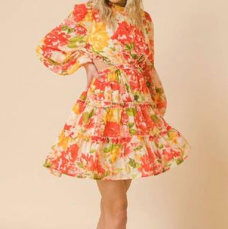 Flying Tomato Printed Woven Cut Out Mini Dress In Red/yellow