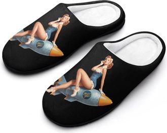 Generic WWII Pin Up Mens House Slippers Memory Foam Washable Cotton Slip on Home Shoes