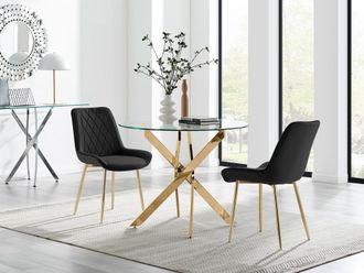 Furniturebox Novara 100cm Round Gold Leg Dining Table & 2 Pesaro Gold Leg Chairs in Black