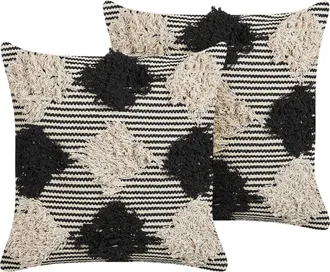 Beliani Conjunto De 2 Cojines De Algod&oacute;n Beige Negro 50 X 50 Cm Hecho A Mano Bhusawal