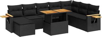 vidaXL 9 Piece Garden Sofa Set with Cushions Black Poly Rattan Acacia vidaXL