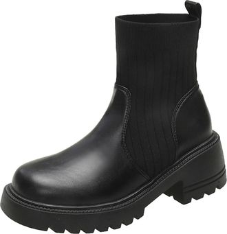 Generic Chelsea Boots Women Wide Fit Casual Walking Booties Stylish Round Toe Solid Color Low Chunky Heel Comfortable Slip On Ankle Boots Classic