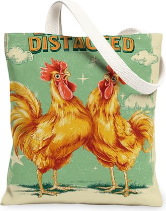 Generic Vintage Chicken Canvas Tote Bags, Animal Art Pattern Reusable Grocery Bags, Summer Rustic Lightweight Washable Shoulder Str, Beige, 13x15 Inch