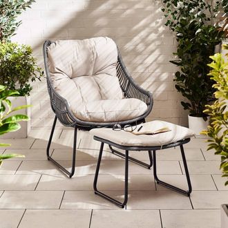 Furniturebox Tahiti Wicker Style PE Rattan Outdoor Garden Chair + Footrest, Greige Cushions, Wicker Style Chair in Grey