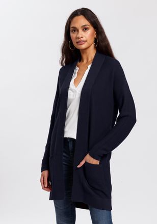 Tom Tailor Longstrickjacke TOM TAILOR, Damen, Gr. XXL (44), blau (dunkelblau), Strick, Obermaterial: 100% Baumwolle, unifarben, figurumspielend Po-bedeckend, V-A