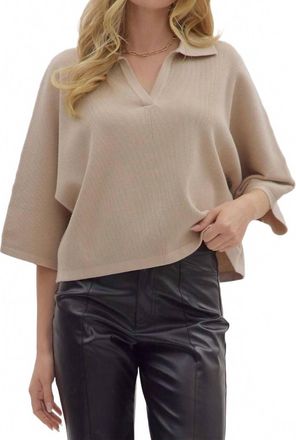 Entro Solid 3/4 Sleeve V Neck Collar Knit Top In Stone