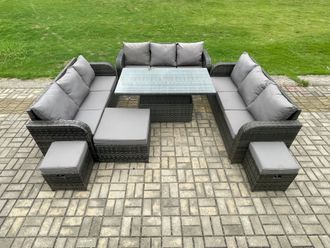 Fimous Patio Garden Dining Set Outdoor Rattan Furniture Sofa Height Adjustable Rising Table With Big Footstool in Dark Grey