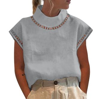 Generic WomenS Solid Color Summer Cut Out Pullover Lace Slim Sleeveless Short Sleeve Shirt Top Vest Womens Tops and Blouses Summer (Grey, M)