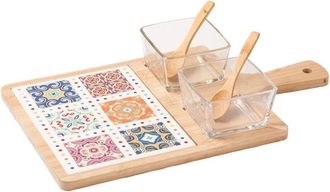 Trade Shop Trade Shop - Conjunto Aperable Con 2 Cuencos De Vidrio 2 Cucharaditas De Base En Bamb&uacute; Con Decoraci&oacute;n De Maj&oacute;licos