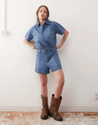 Wrangler denim romper in mid blue