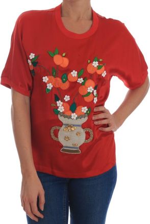 Dolce & Gabbana Dames Rode Zijde Sinaasappel Bloemen Kristallen Blouse