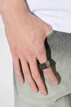 Off-white Signet Rings With Shimmering Crystals, Mens, Silver