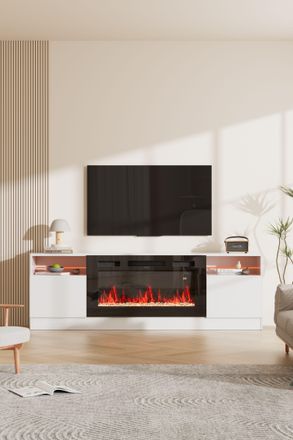 Living and Home Recessed Electric Fireplace TV Stand with Remote Control in White