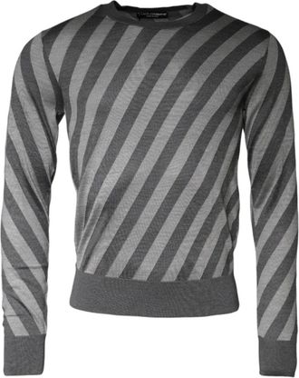 Dolce & Gabbana Gestreepte Zijden Pullover Trui Grijs - Heren - Ronde hals truien - Grijs - S - Truien & Vesten