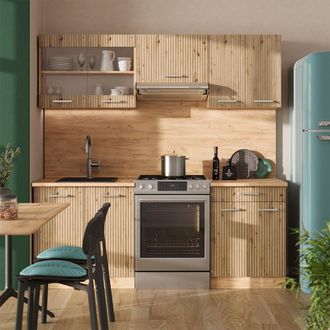 Vicco Mueble De Cocina R-line, Roble Artesanal/roble Dorado, 200 Cm, Ap M&aacute;rmol