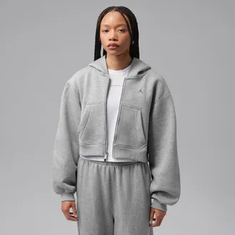 Nike Jordan Womens Jordan Brooklyn Cropped Full-Zip Hoodie in Grey | IO2370-063