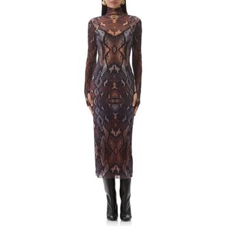 AFRM Shailene Print Long Sleeve Powermesh Body-Con Midi Dress in Placed Umber Snake at Nordstrom Rack, Size Large